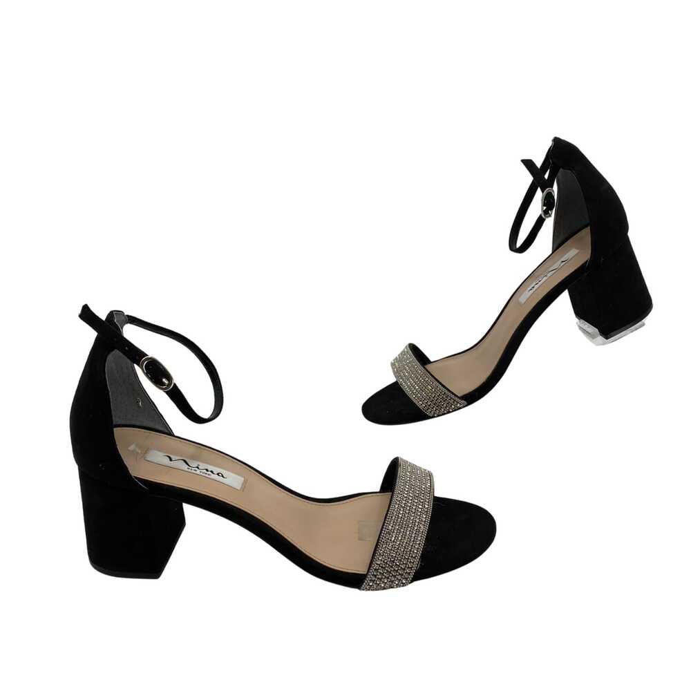 Nina Black Suede Open Toe Block Heels | Size 10